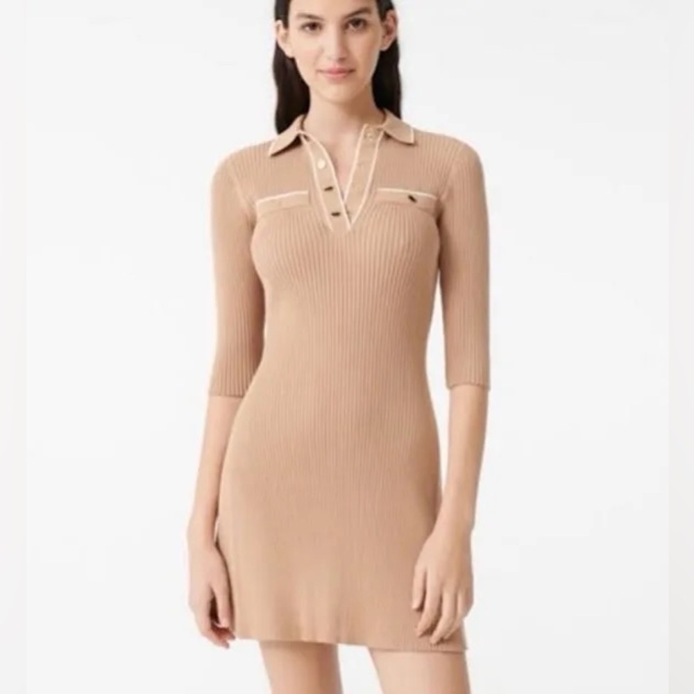 Maje Relly Ribbed Knit Polo Mini Dress Beige FR 38 US Small